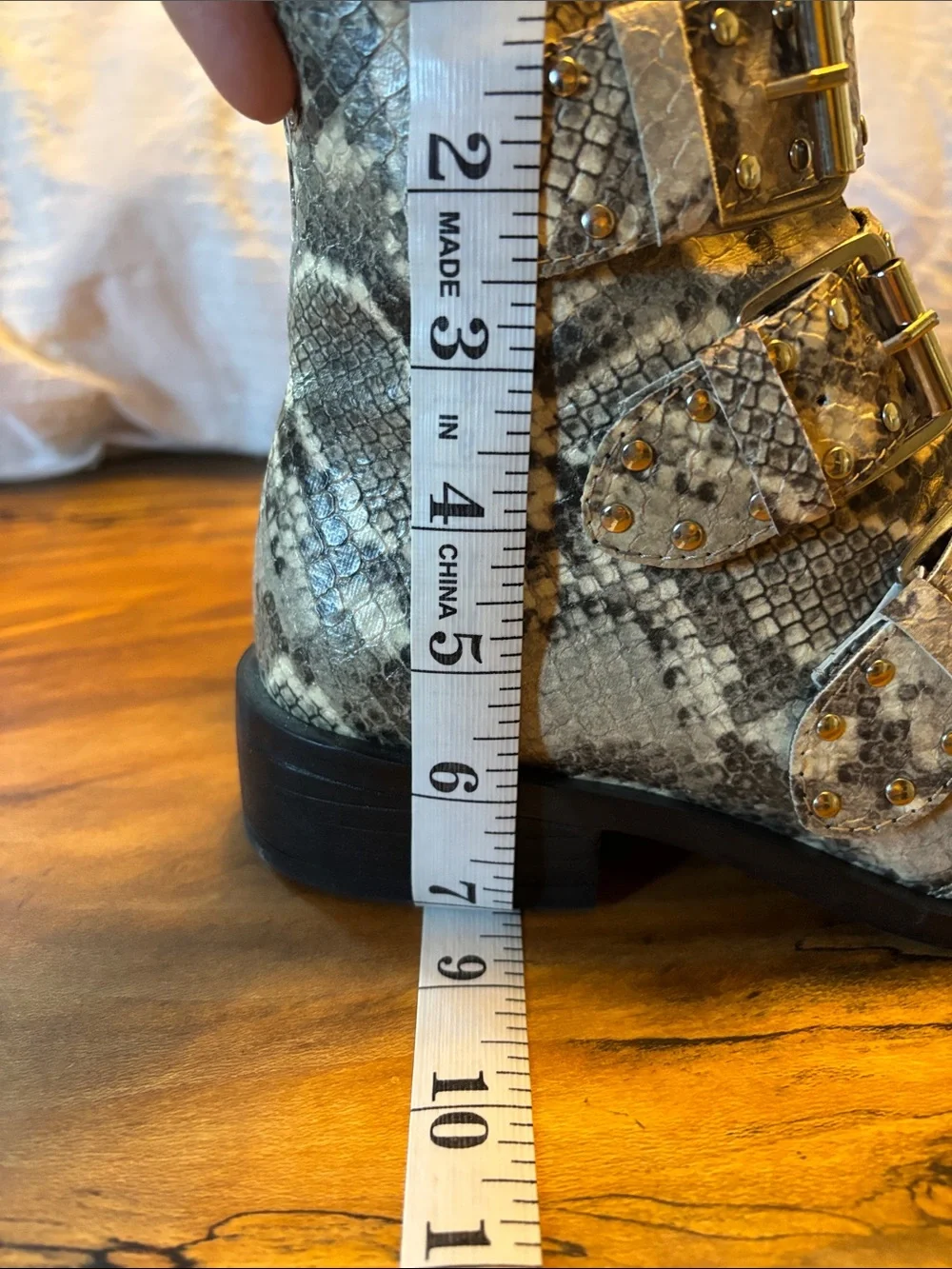 Studded Snake-Print Buckle Ankle Boots in Gray and Cream Size 6